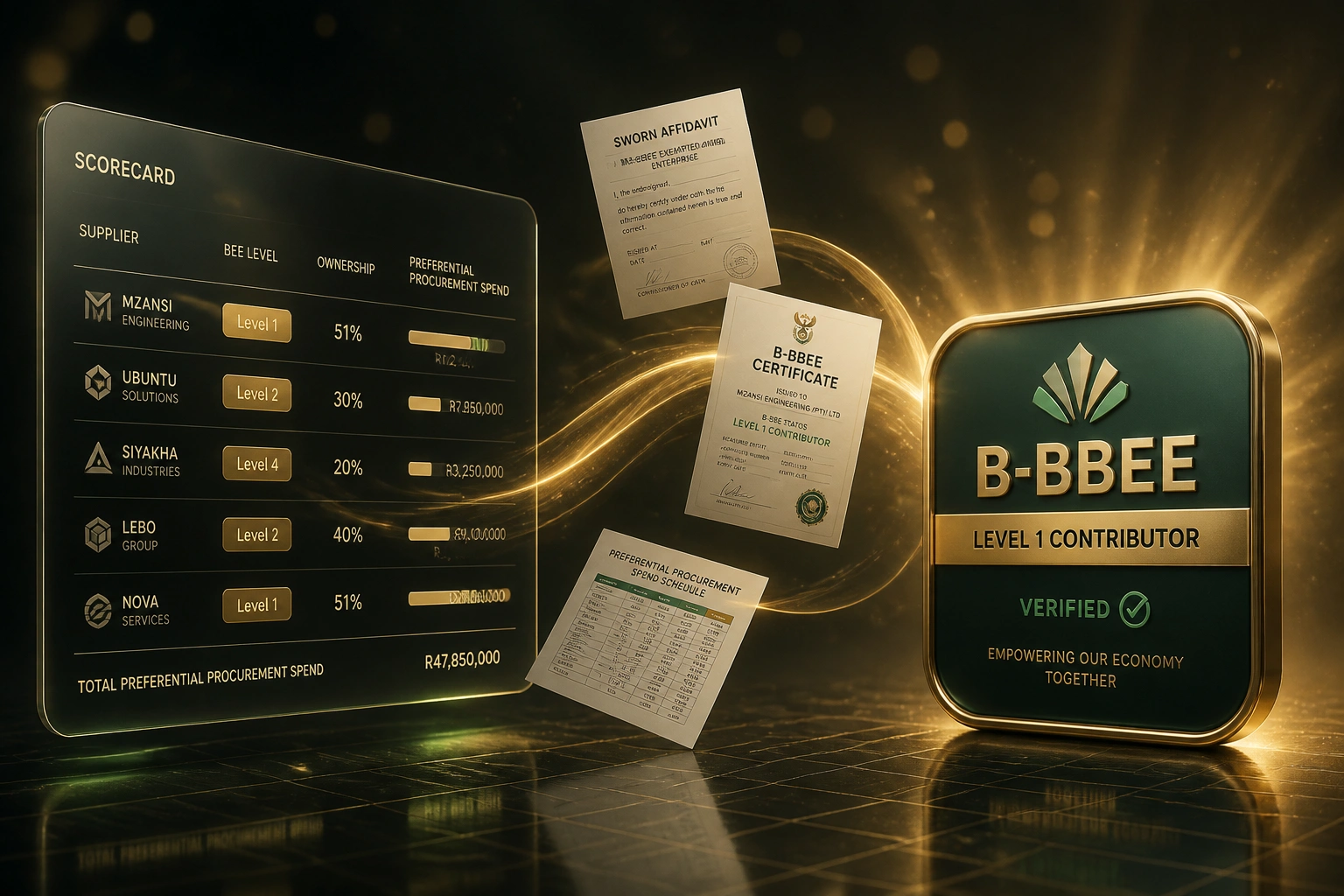 A glass SCORECARD panel with supplier BEE levels and ownership percentages beside a glossy B-BBEE Level 1 badge, connected by affidavit, certificate, and spend schedule documents on a gold ribbon
