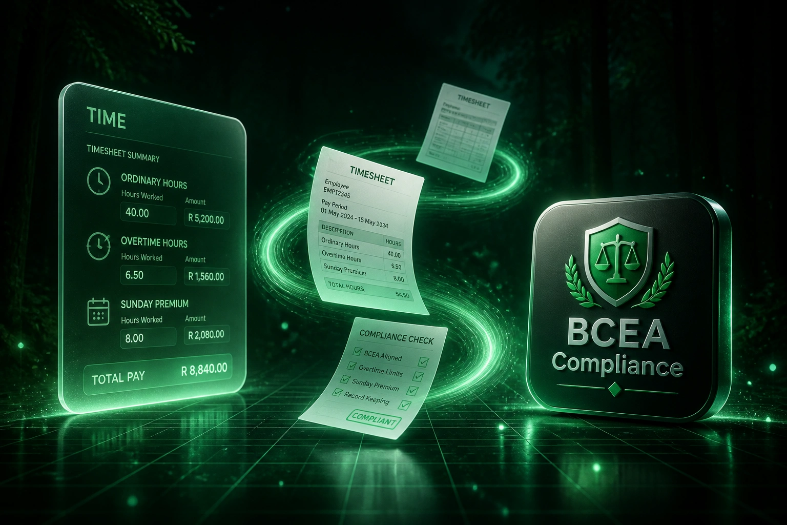 A glass TIME panel and a glossy BCEA Compliance badge connected by an emerald ribbon of timesheets and compliance documents