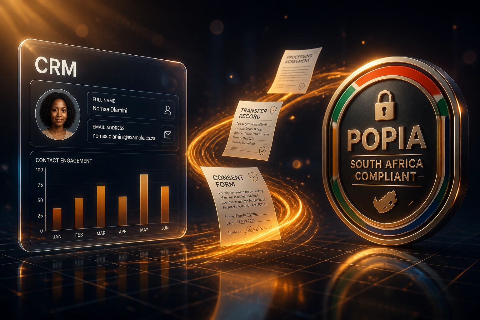 A glass CRM panel and a POPIA South Africa compliance badge linked by a ribbon of consent and transfer documents in a deep indigo night scene with warm amber light