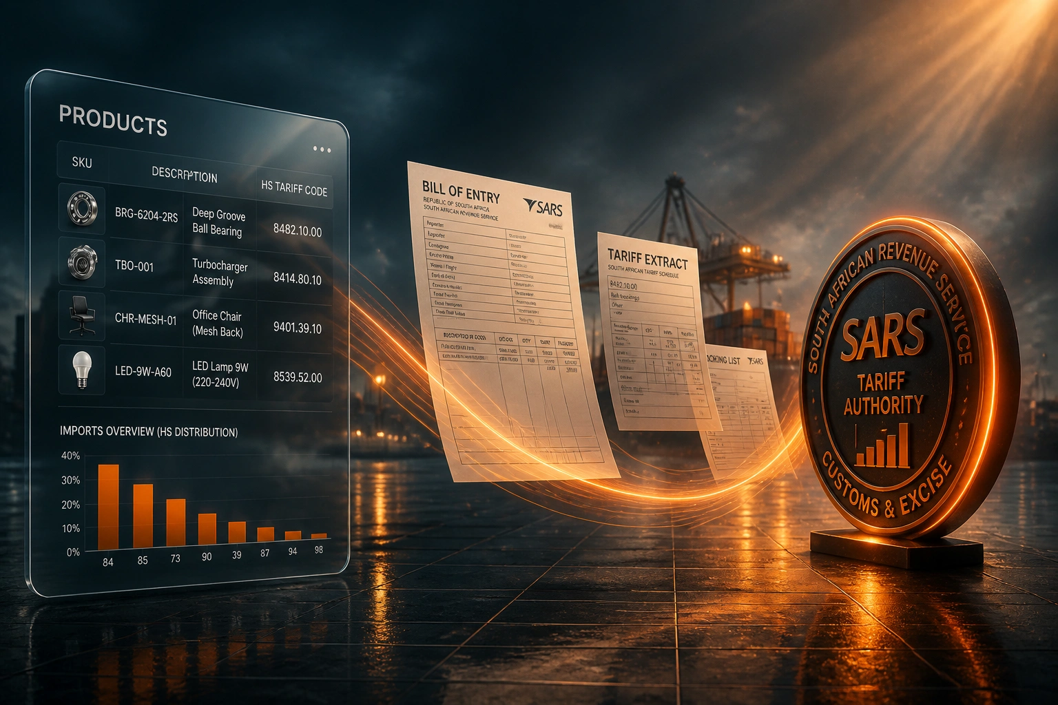 A PRODUCTS glass panel with SKU HS tariff fields connected by an orange ribbon of bills of entry to a glossy SARS customs tariff seal in navy harbour fog