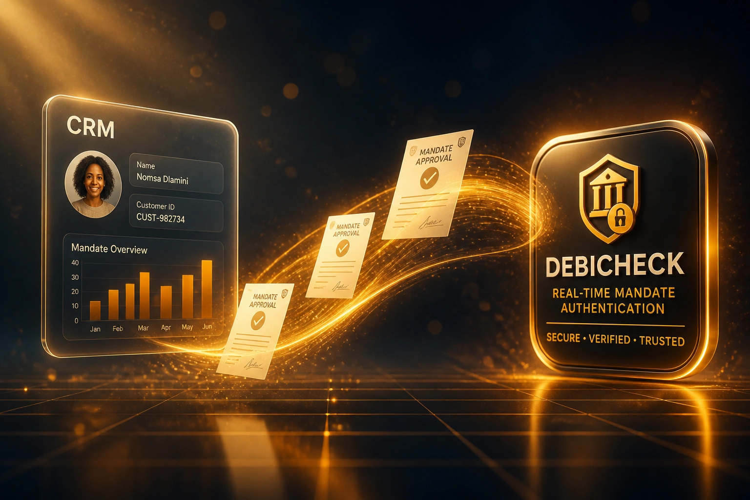 A glass CRM panel and a DebiCheck banking-auth badge linked by an amber ribbon of mandate approval documents, illustrating real-time DebiCheck authentication