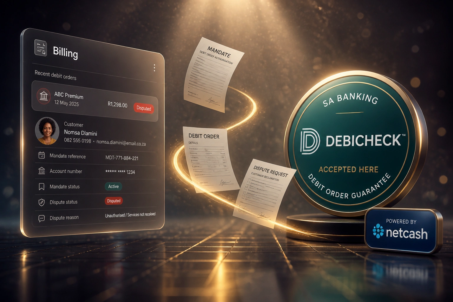 A glass Billing panel showing a disputed South African debit order connected by a gold ribbon of mandate documents to a DebiCheck SA Banking badge