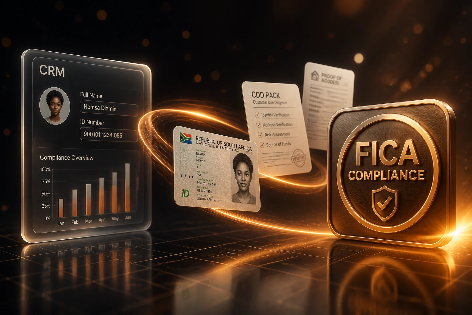 A glass CRM panel and a copper FICA Compliance badge connected by an S-curved ribbon of light carrying South African ID and CDD documents