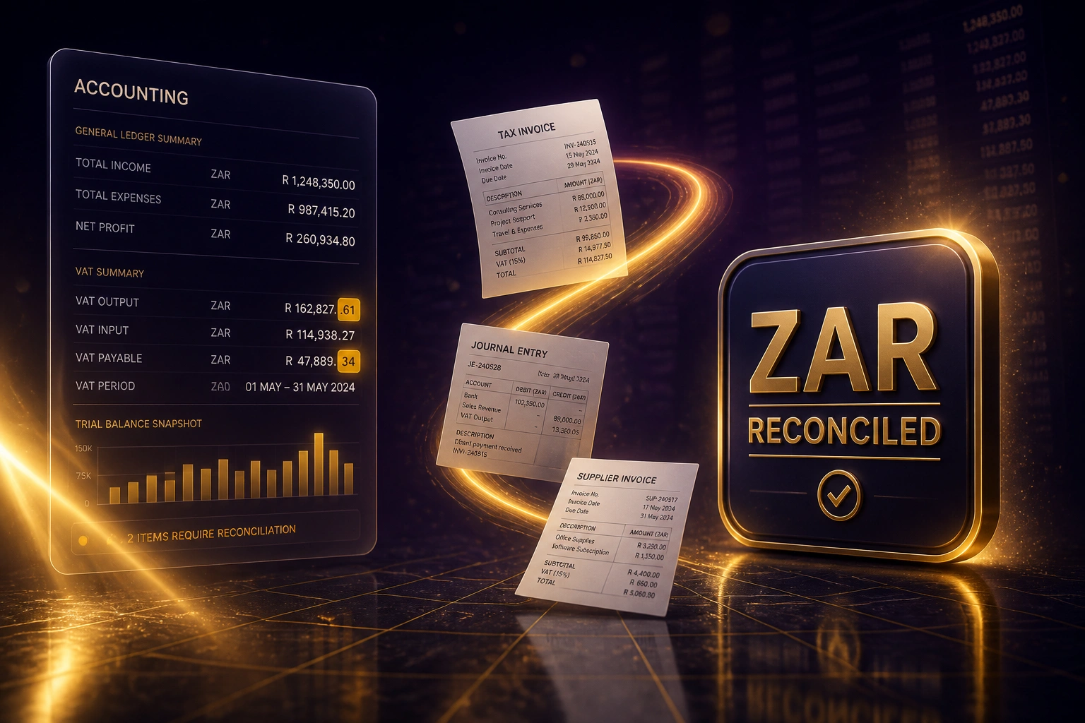 A glass ACCOUNTING panel with ZAR totals and VAT lines flows along a gold ribbon of invoices into a ZAR RECONCILED badge on a deep indigo reflective floor