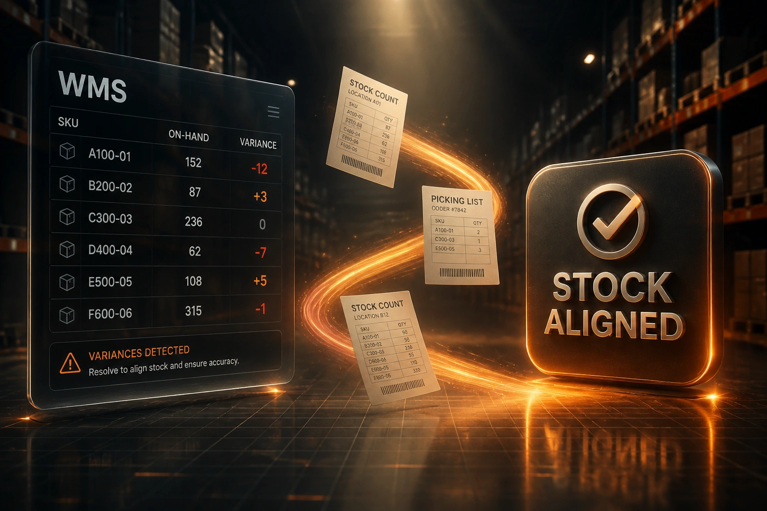 A glass WMS panel of stock count variances linked by an orange ribbon of picking lists to a glossy STOCK ALIGNED badge