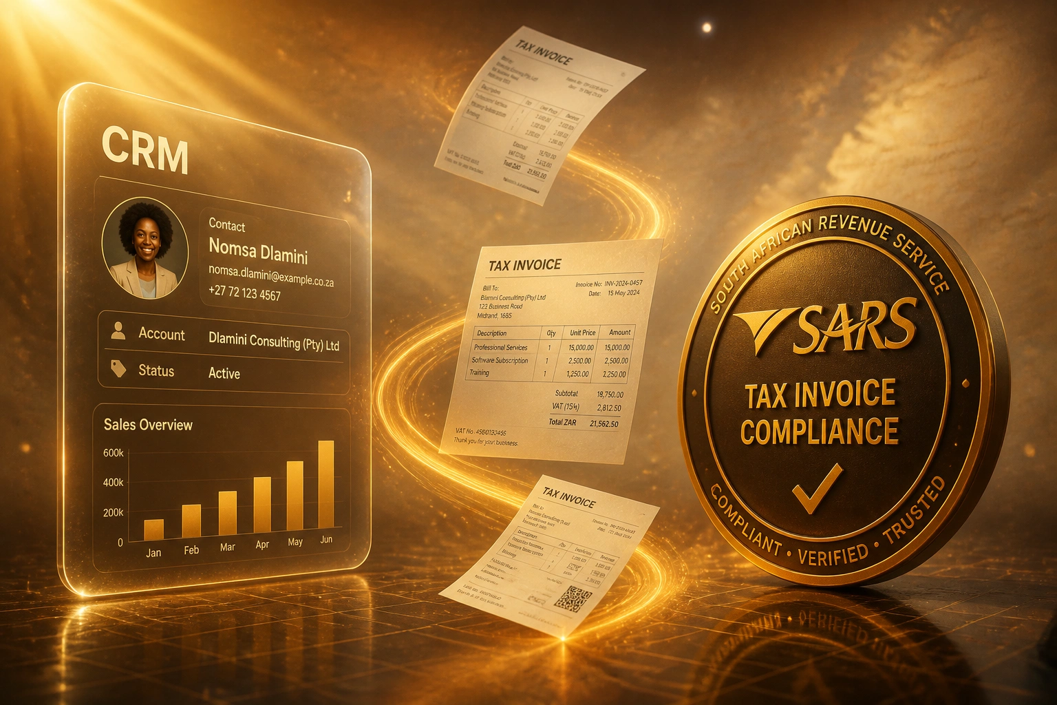 A CRM glass panel and a SARS tax invoice compliance badge connected by a ribbon of amber light carrying invoice documents