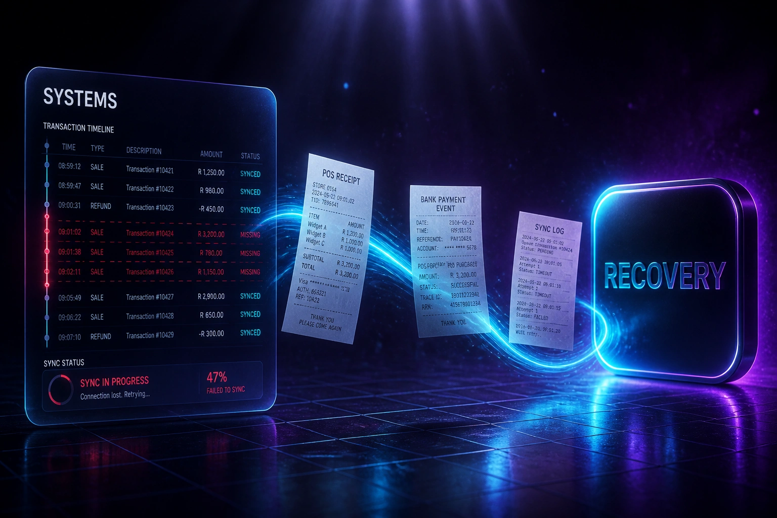 A glass SYSTEMS panel showing a missing transaction timeline gap flows along a cyan ribbon of POS receipts, bank events, and sync logs into a glossy RECOVERY badge under purple overhead light