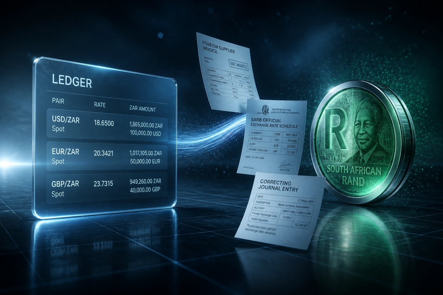 Glass LEDGER panel of currency pairs linked by floating invoice, SARB rate schedule, and journal documents to a glossy green Rand badge on a cool slate blue horizon