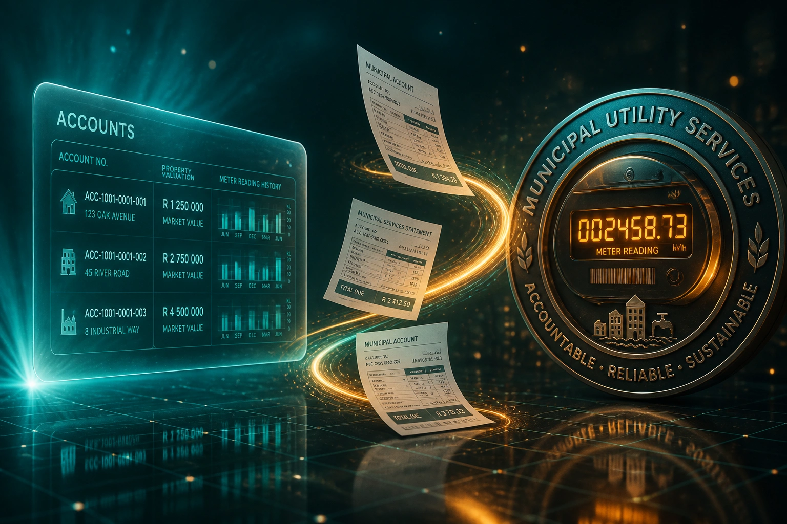 A glass ACCOUNTS panel of municipal property and meter data flowing along an amber ribbon into a glossy municipal utility seal badge with bill statements mid-flight