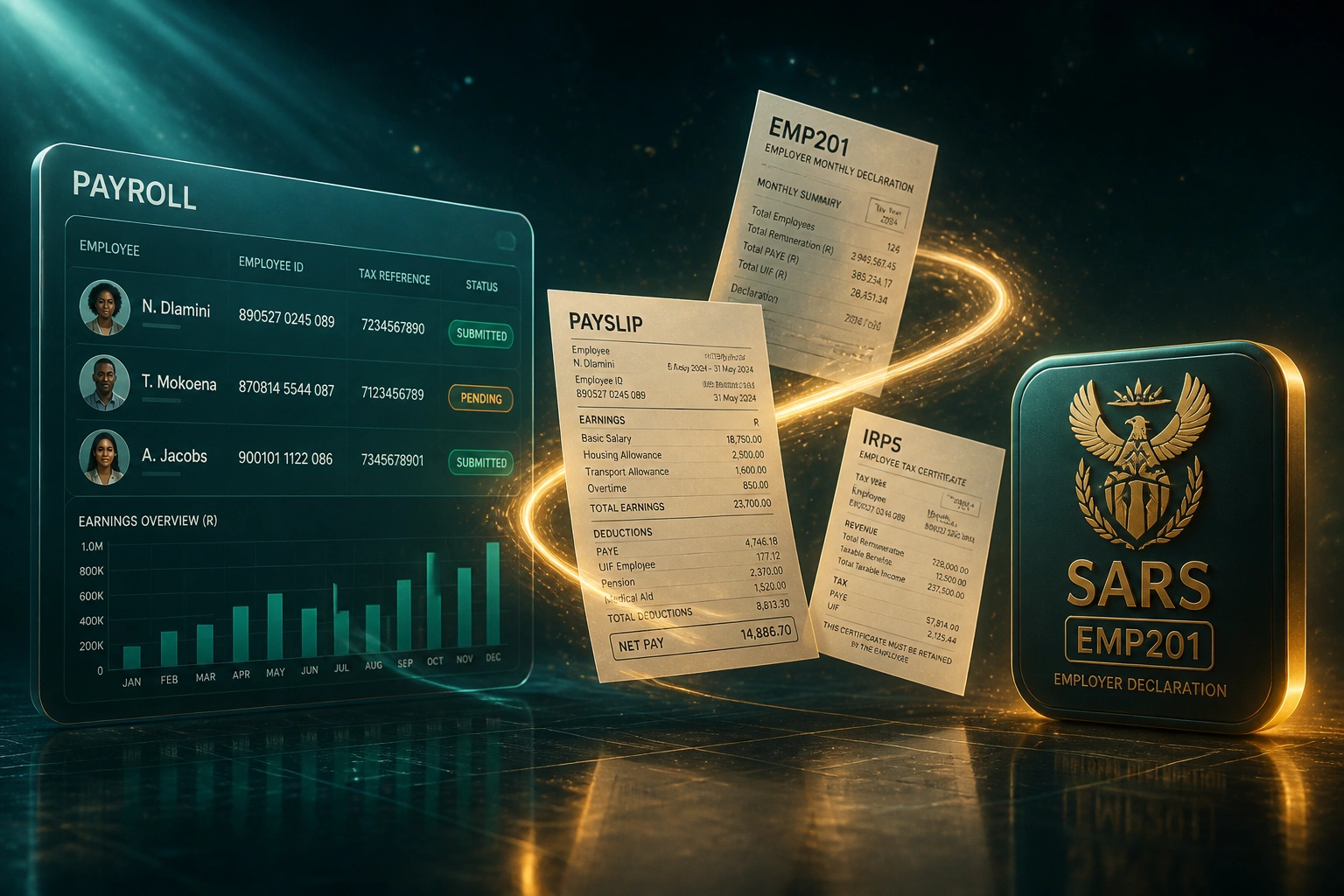 A glass PAYROLL employee panel connected by an amber ribbon of payslips, EMP201 summaries, and IRP5 certificates to a glossy SARS EMP201 employer declaration badge