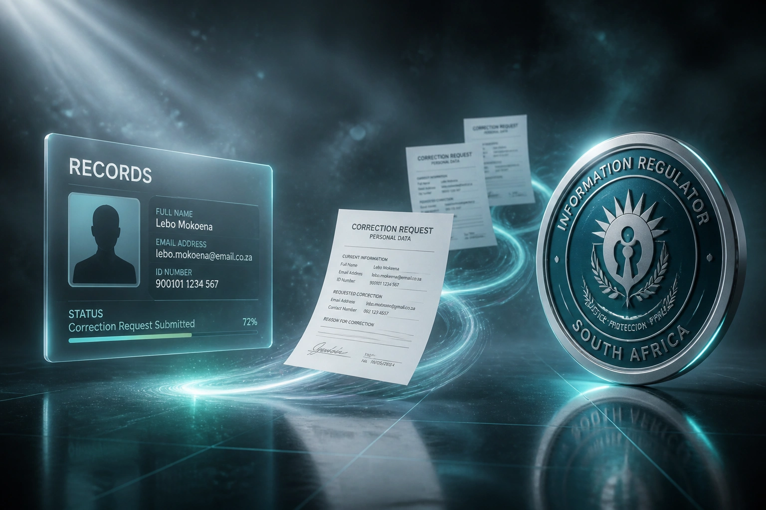 A glass RECORDS panel and a teal Information Regulator style POPIA seal linked by a ribbon of correction-request documents in cool slate privacy fog