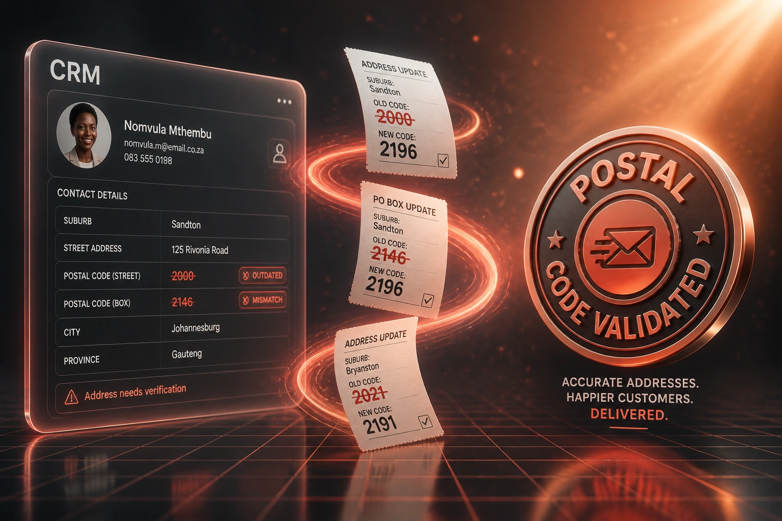A CRM panel showing outdated South African postal codes flowing along a coral ribbon of light into a glossy POSTAL CODE VALIDATED badge