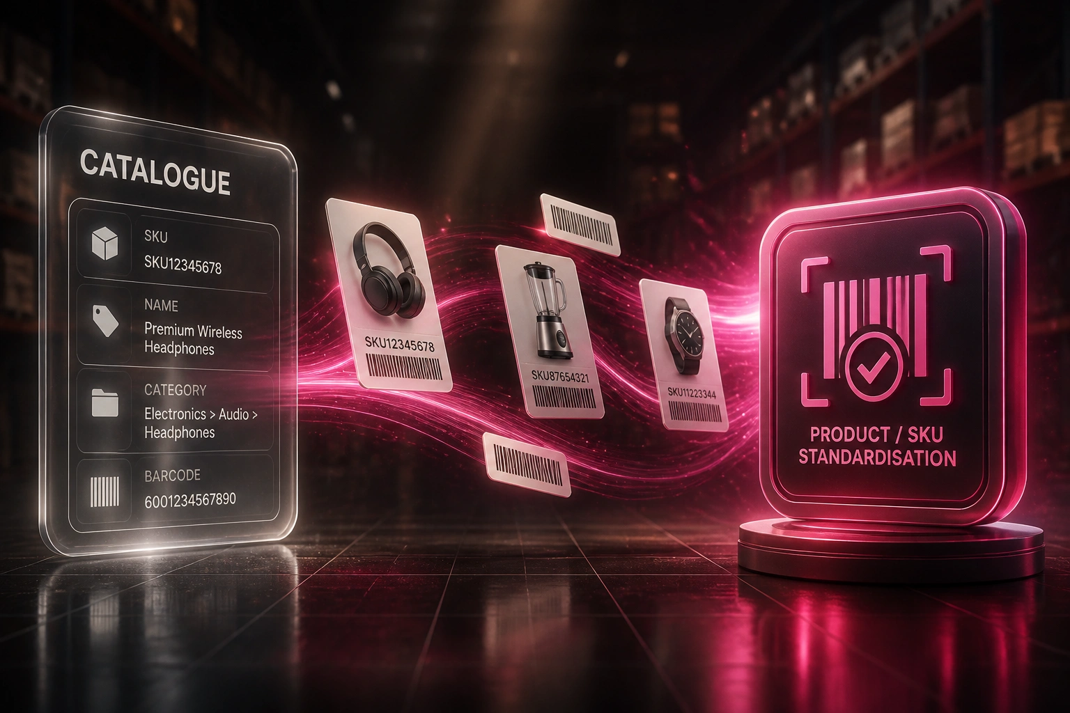 A glass CATALOGUE panel linked by a magenta ribbon of product cards and barcodes to a glossy product SKU standardisation badge