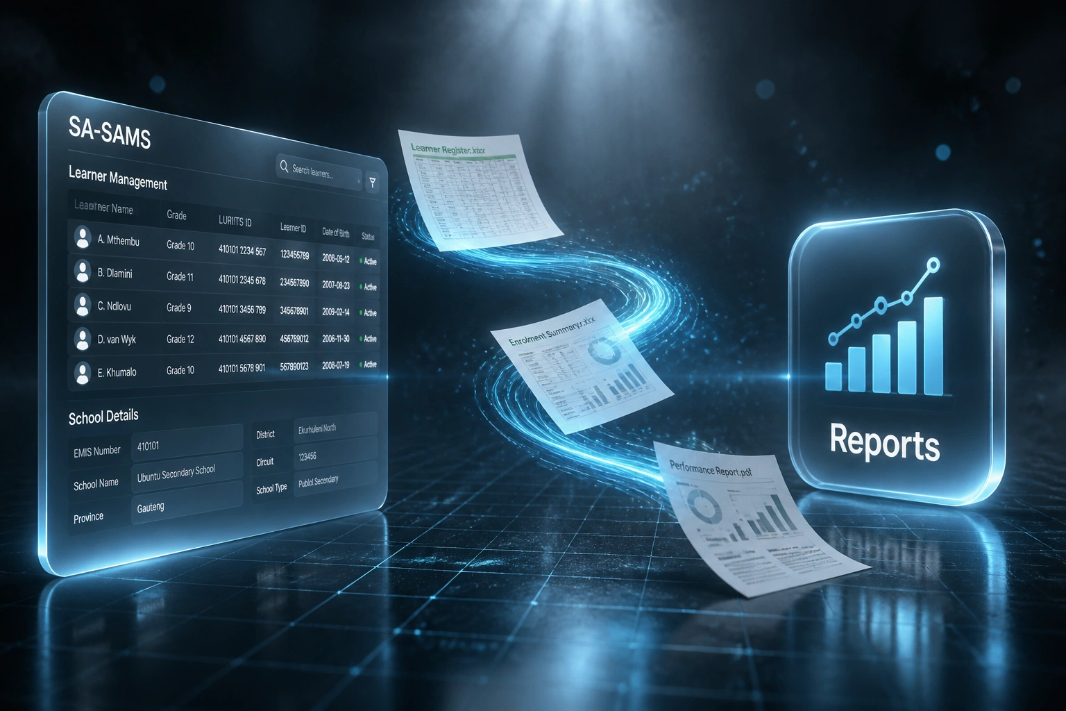 A glass SA-SAMS learner panel connected by a cyan data stream of spreadsheet reports to a glossy Reports analytics badge