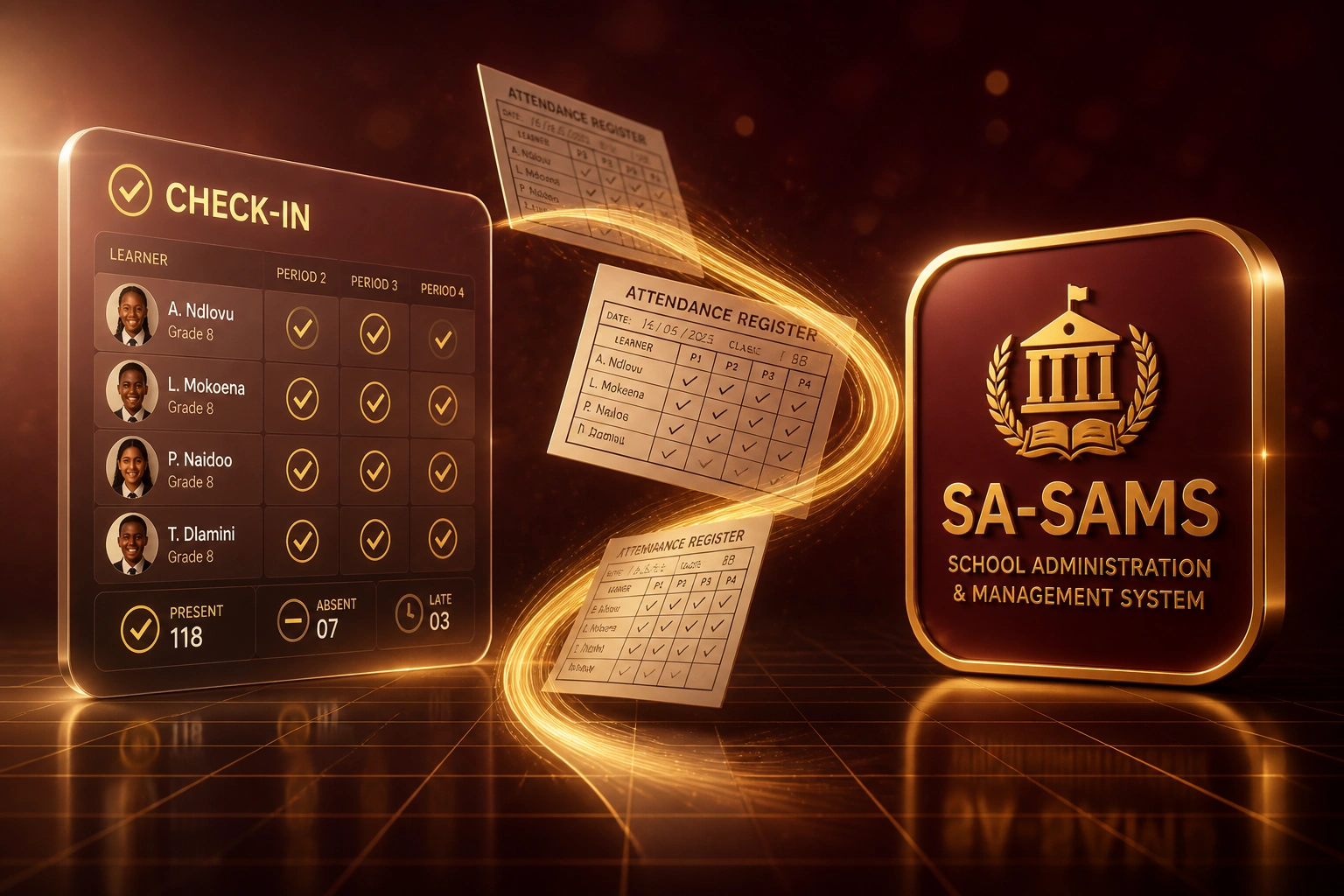 A glass CHECK-IN panel with learner attendance ticks and a glossy SA-SAMS badge linked by a gold ribbon of attendance register cards, illustrating digital school attendance sync