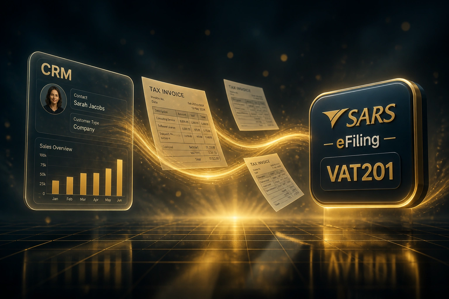 A glass CRM panel connected by a gold ribbon of tax invoices to a glossy SARS eFiling VAT201 badge, illustrating structured invoice data for South African VAT returns