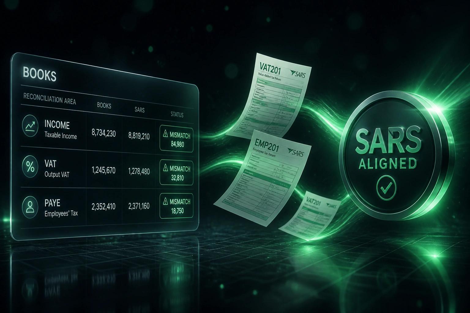 A glass BOOKS panel with income, VAT, and PAYE mismatch rows flows along an emerald ribbon of VAT201 and EMP201 documents into a glossy SARS ALIGNED badge on a charcoal navy floor