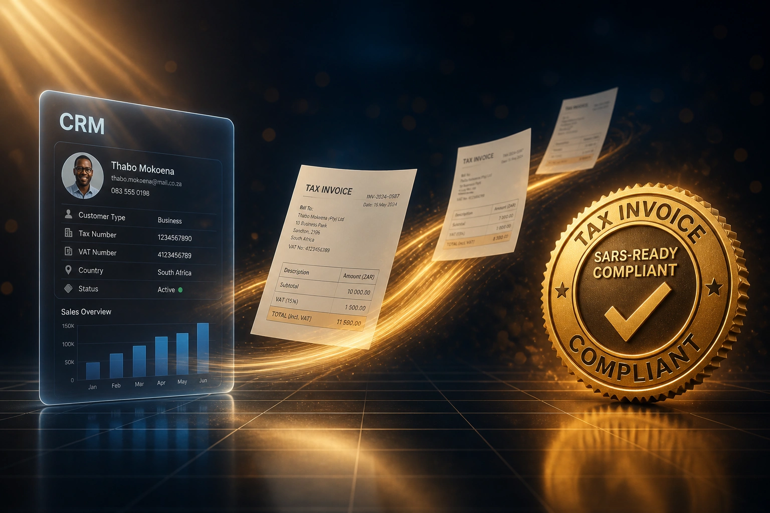 A glass CRM panel and a gold SARS-ready tax invoice seal connected by an amber ribbon carrying mid-flight tax invoices, illustrating automated SA tax invoice compliance