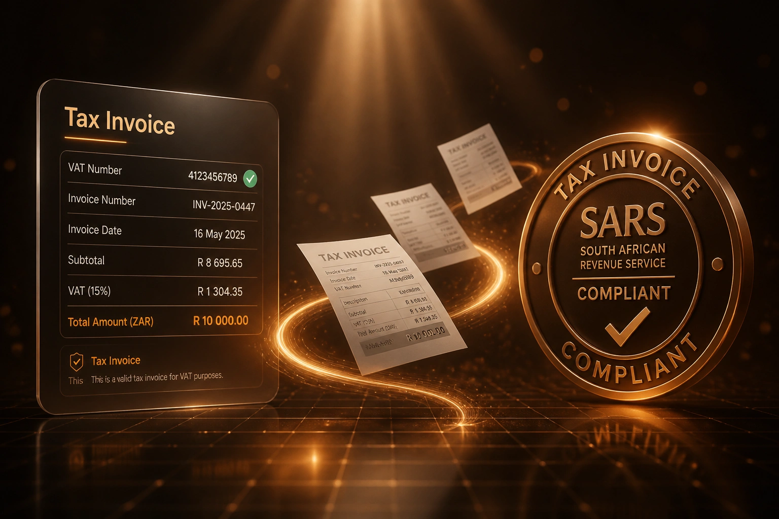 A Tax Invoice validation panel and a copper SARS-style compliance seal connected by a ribbon of light carrying tax invoice documents