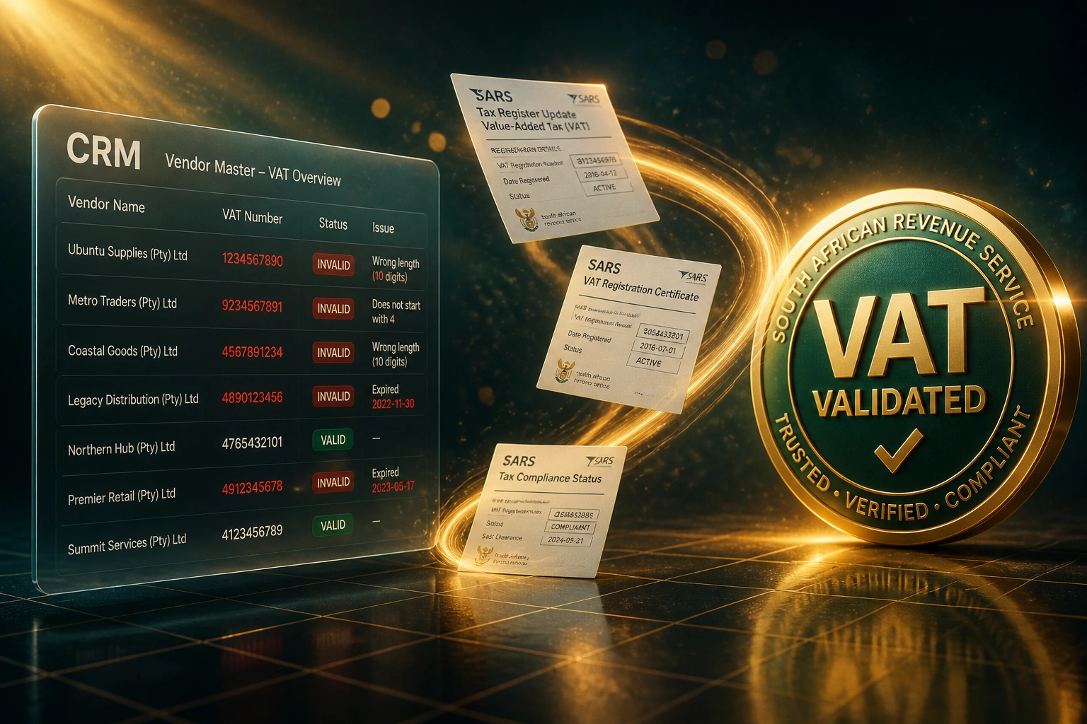 A CRM vendor master panel showing invalid South African VAT numbers flowing along an amber ribbon of light into a glossy VAT VALIDATED seal