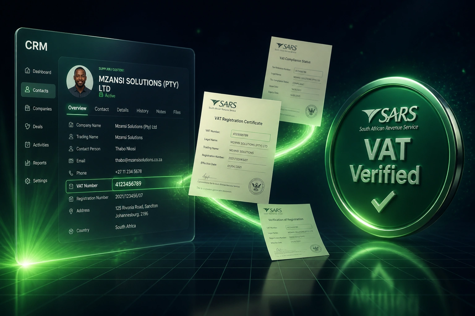 A CRM supplier record with a VAT number field connected by a ribbon of light to a SARS VAT Verified badge, with tax certificates mid-flight