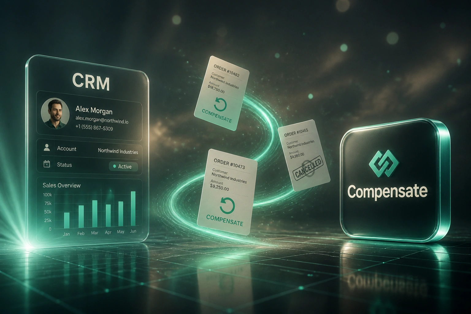 A glass CRM panel and a teal Compensate badge linked by an S-curved ribbon of order documents, some marked for undo, illustrating saga compensation across systems