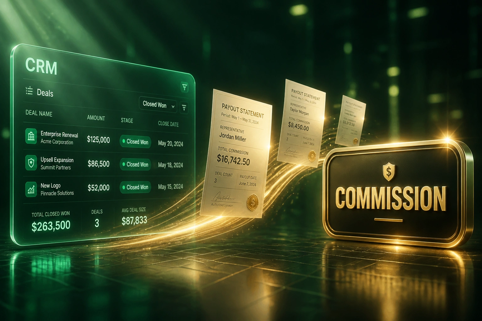 A CRM deals panel and a COMMISSION badge linked by payout statements on a champagne-gold ribbon, illustrating automated sales commission calculation