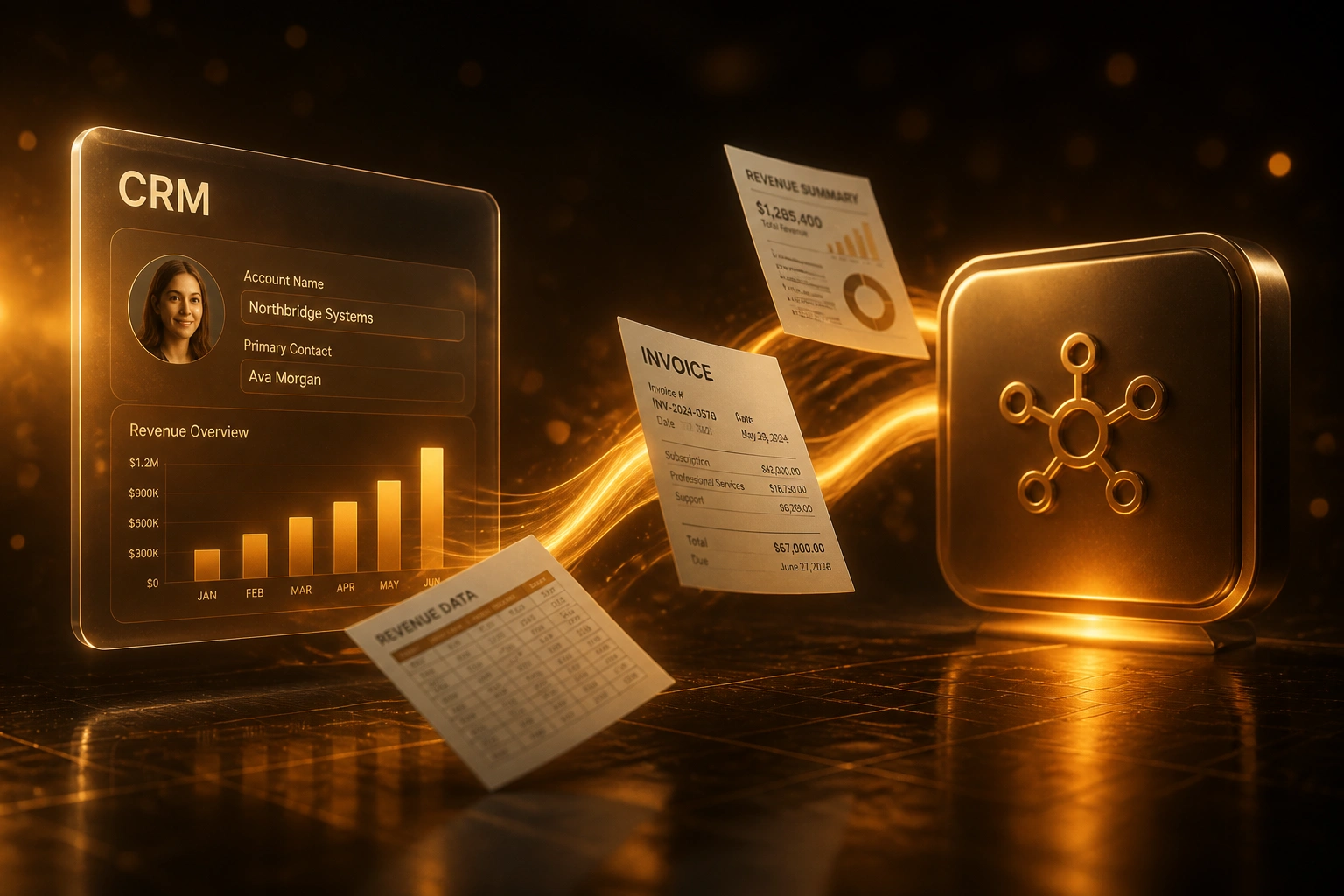 A glass CRM panel connected by an amber ribbon of mid-flight invoices and spreadsheets to a glossy single-source-of-truth hub badge, illustrating sales data consolidation