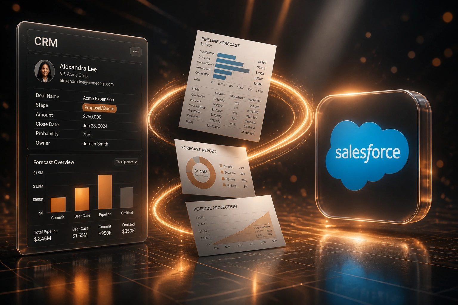 A glass CRM panel and Salesforce badge linked by a copper ribbon of forecast report documents, illustrating stage-probability-weighted pipeline forecasting