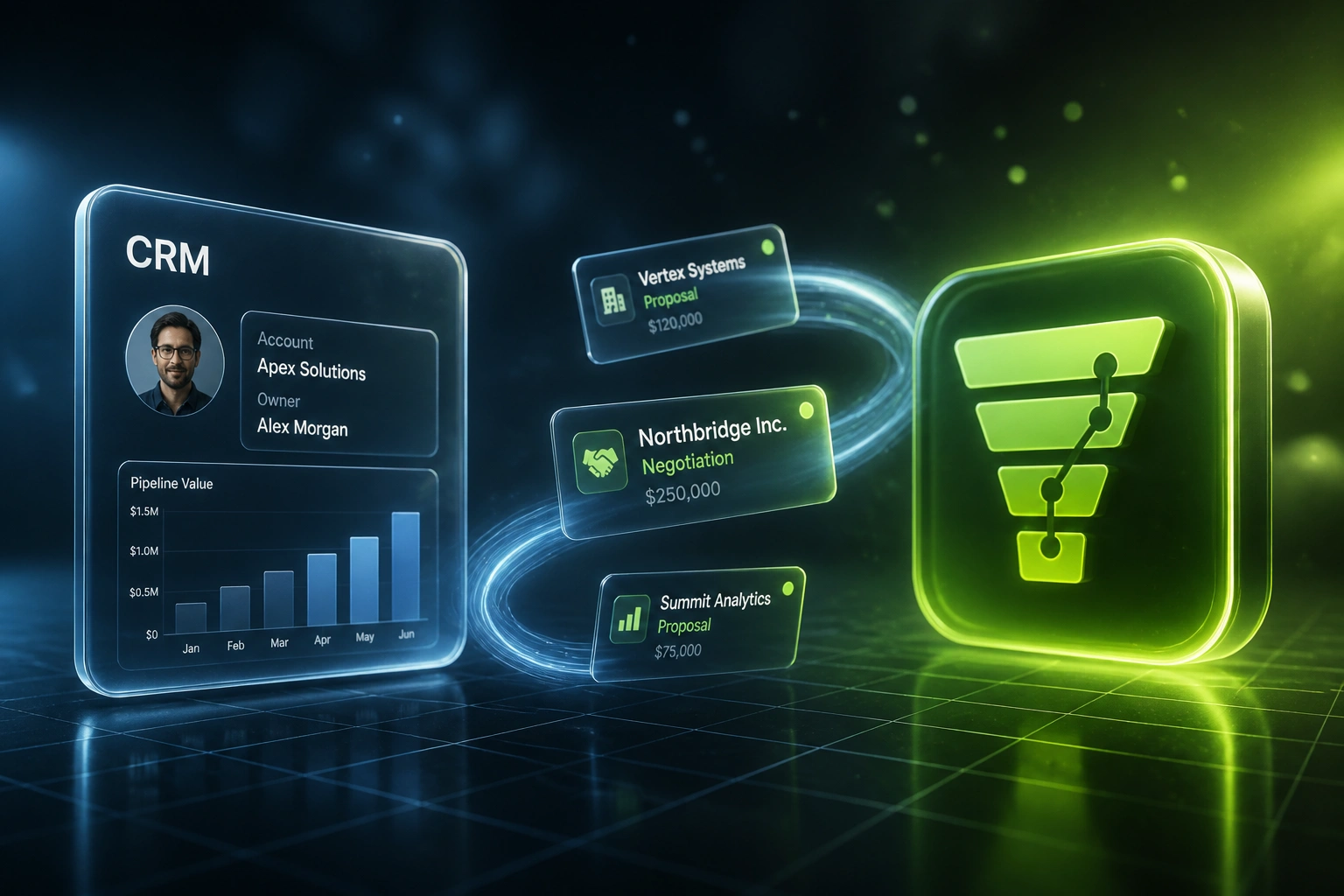 A glass CRM panel and lime-green pipeline funnel badge linked by deal cards on a slate-blue ribbon, illustrating automated daily sales pipeline visibility for managers