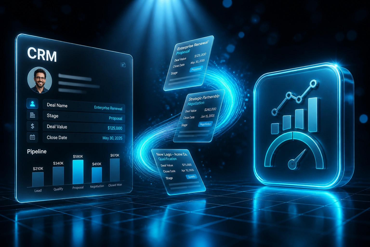 A glass CRM panel and a glossy analytics dashboard badge connected by a flowing ribbon of deal records, illustrating real-time sales tracking