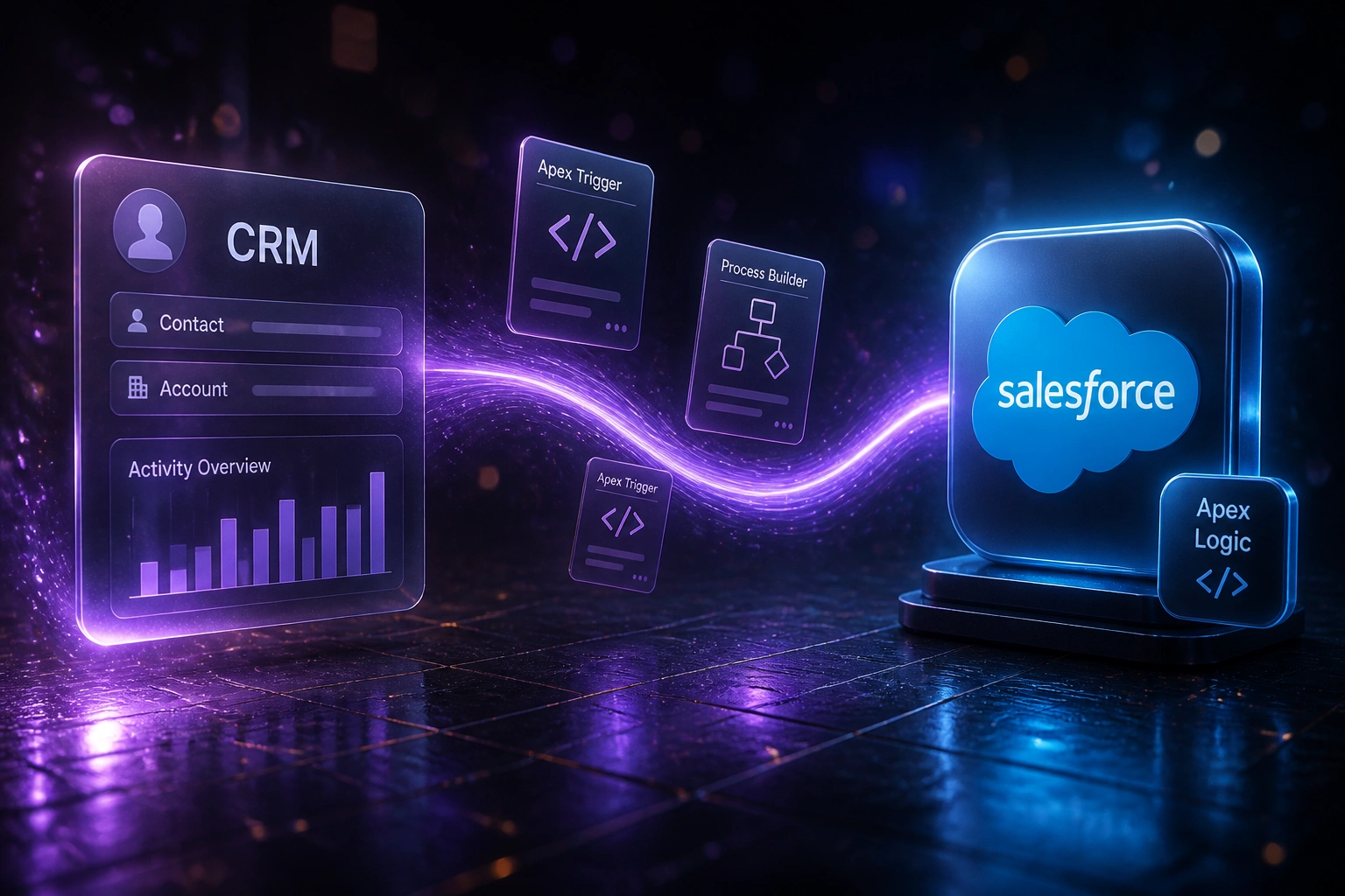 Glass CRM panel and Salesforce Apex Logic badge linked by an electric violet ribbon carrying Apex trigger and Process Builder cards over a charcoal forge floor