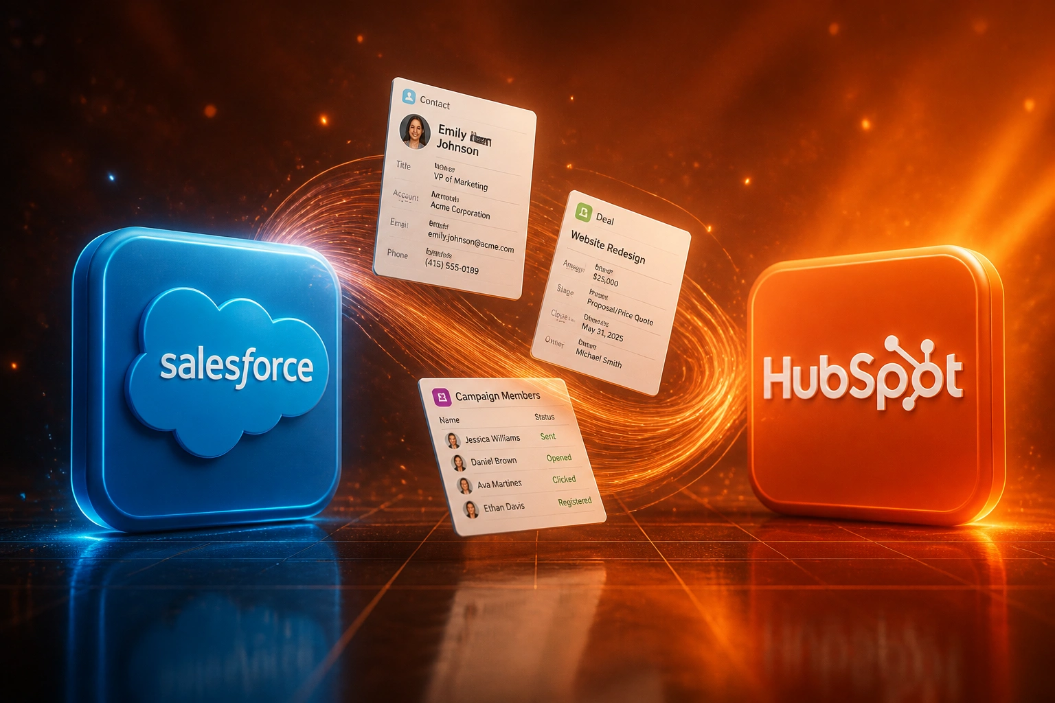 Salesforce and HubSpot logo badges connected by an S-curved ribbon of contact, deal, and campaign documents, illustrating a structured CRM migration