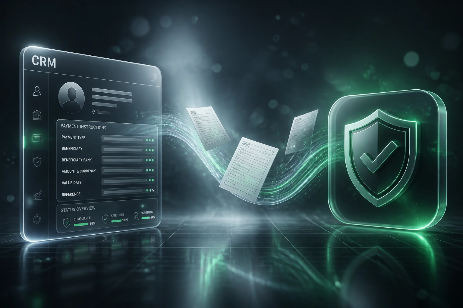 A glass CRM payments console and an emerald sanctions shield connected by payment instruction documents on a light ribbon, illustrating pre-settlement screening