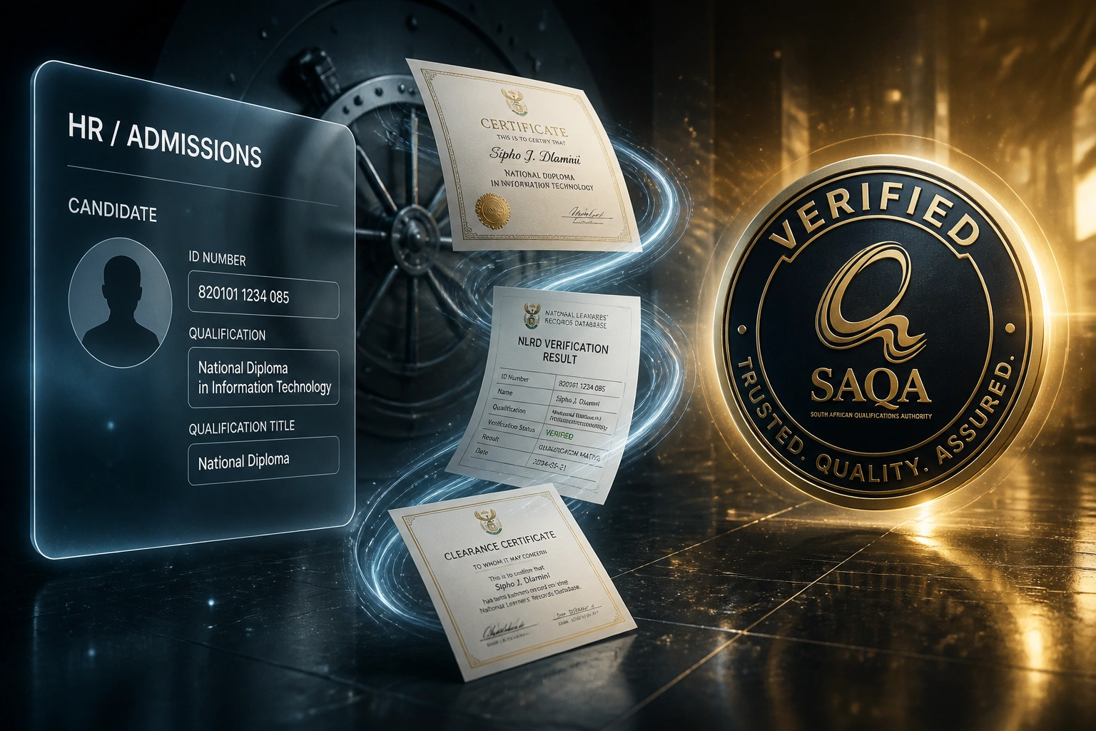 An HR and admissions glass panel connected by credential documents on a steel ribbon to a glossy gold SAQA verified seal, illustrating automated NLRD qualification checks