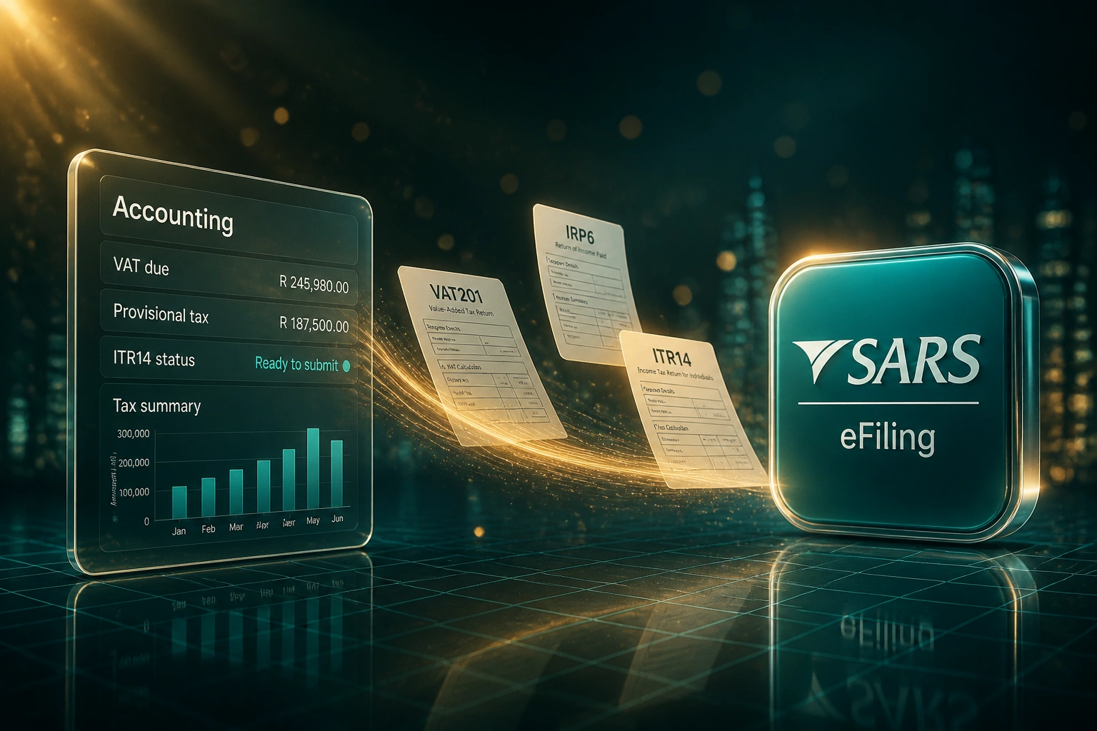 An Accounting glass panel and a SARS eFiling badge connected by VAT201, IRP6, and ITR14 documents on a gold ribbon of light