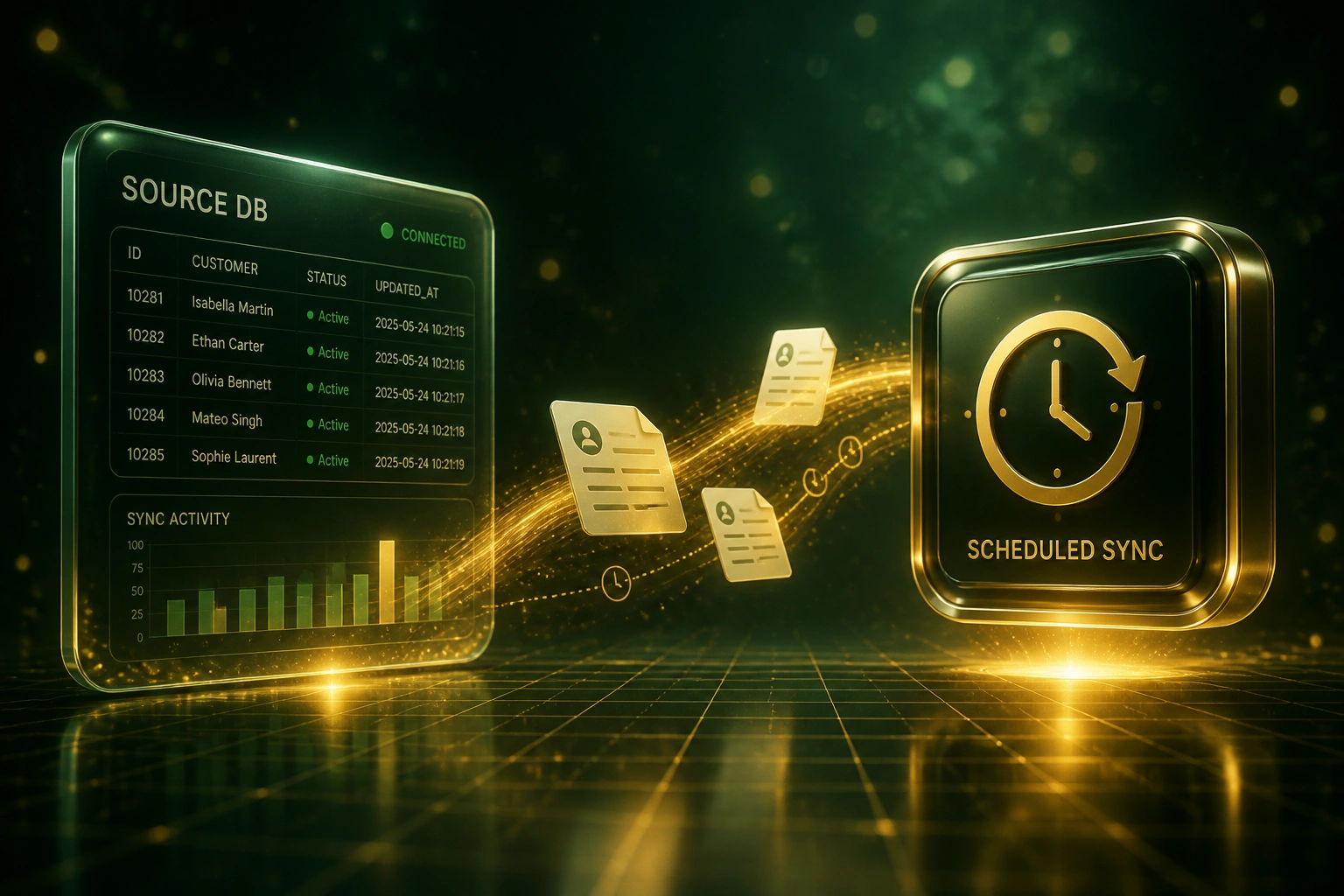 Glass Source DB panel linked by a gold S-curved data ribbon to a Scheduled Sync clock badge, with record documents mid-flight over a deep forest-green reflective floor