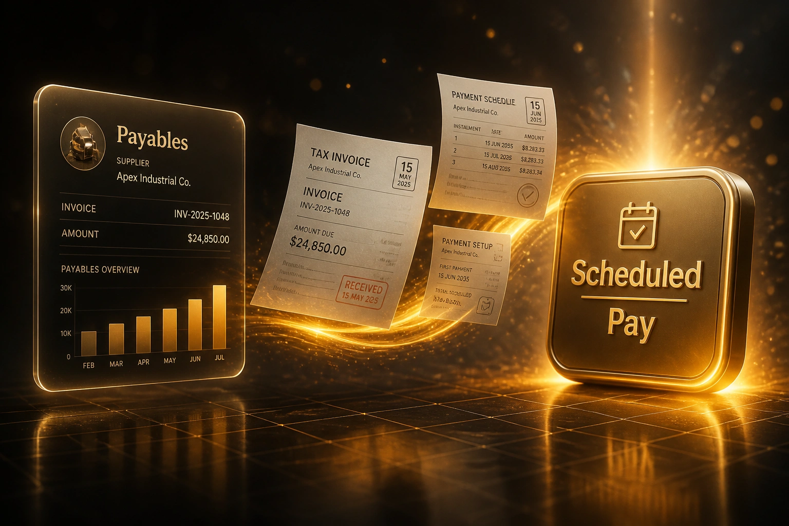 A Payables glass panel feeding invoice and payment-schedule documents along an amber ribbon of light to a Scheduled Pay badge across a warm charcoal scene