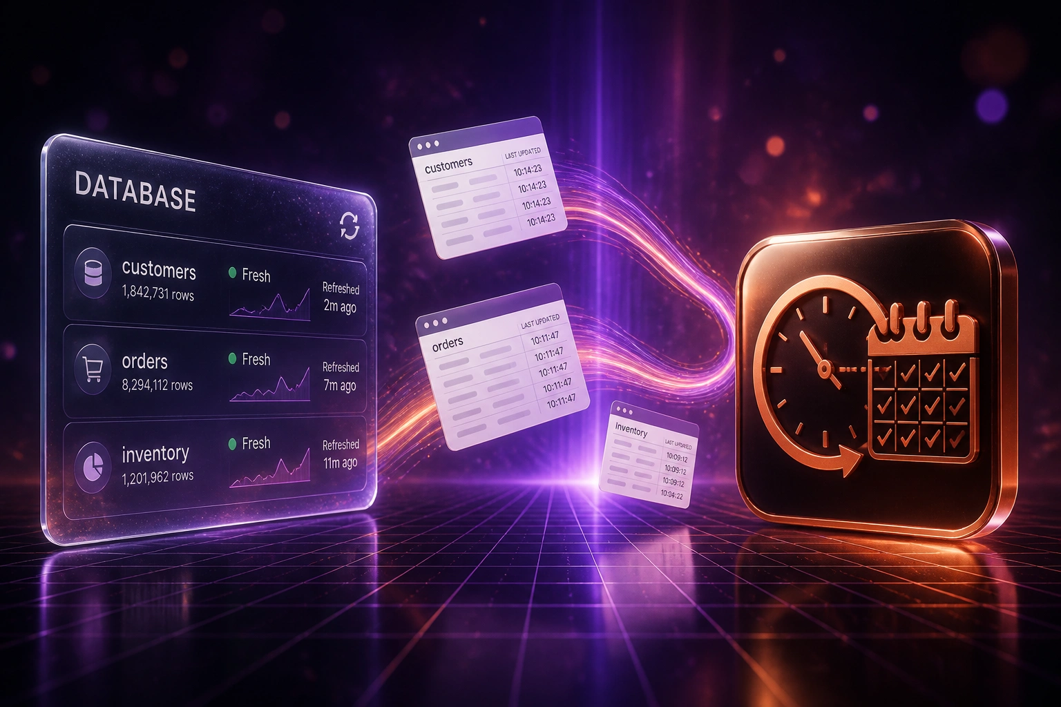A glass Database panel and a copper clock-calendar pipeline badge connected by a ribbon of light carrying data documents, illustrating scheduled web scraping pipelines