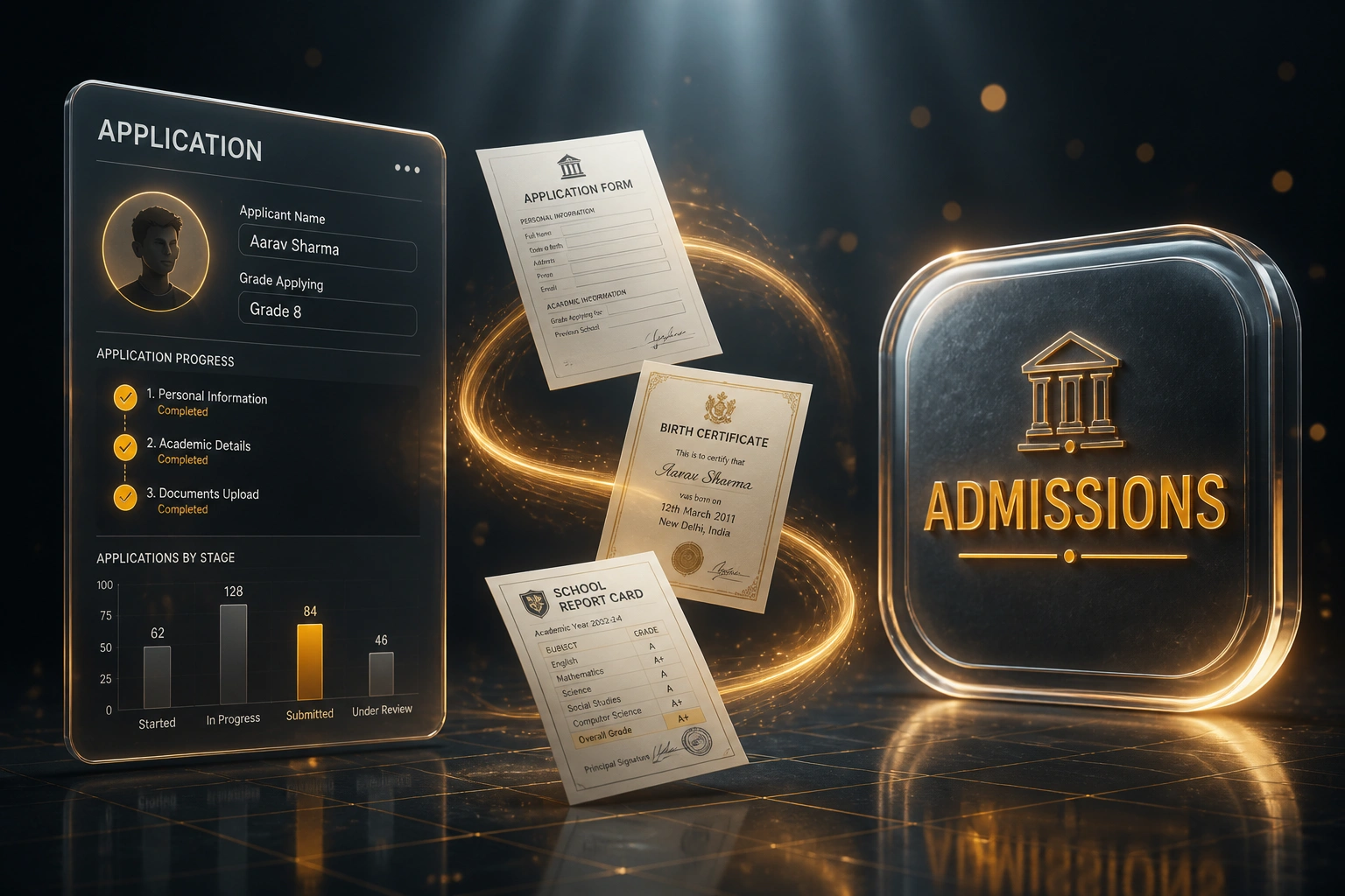 A glass APPLICATION panel and a glossy ADMISSIONS badge linked by amber light carrying application forms, a birth certificate, and a report card over a cool slate grid floor