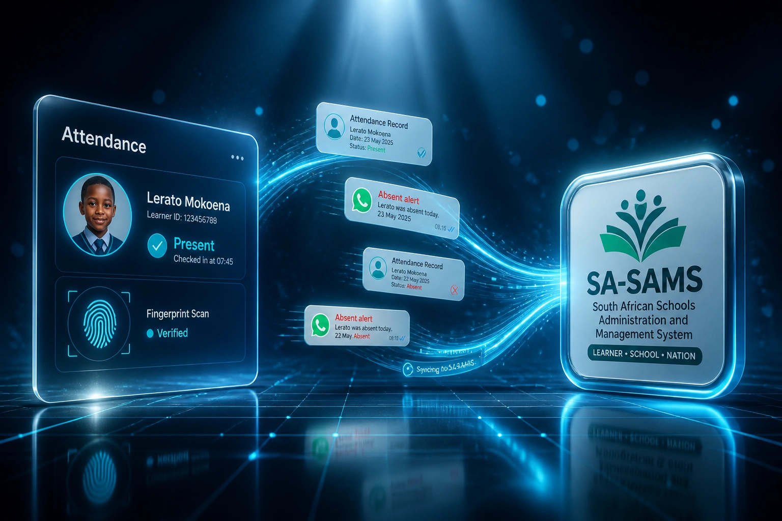 A glass Attendance check-in panel with learner avatar and fingerprint verification linked by a cyan ribbon of attendance records and parent alerts to a glossy SA-SAMS badge
