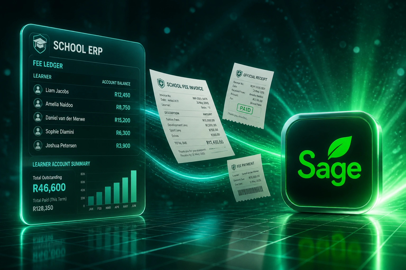 A glass SCHOOL ERP fee ledger panel linked by a teal ribbon of invoices and receipts to a glossy Sage accounting badge