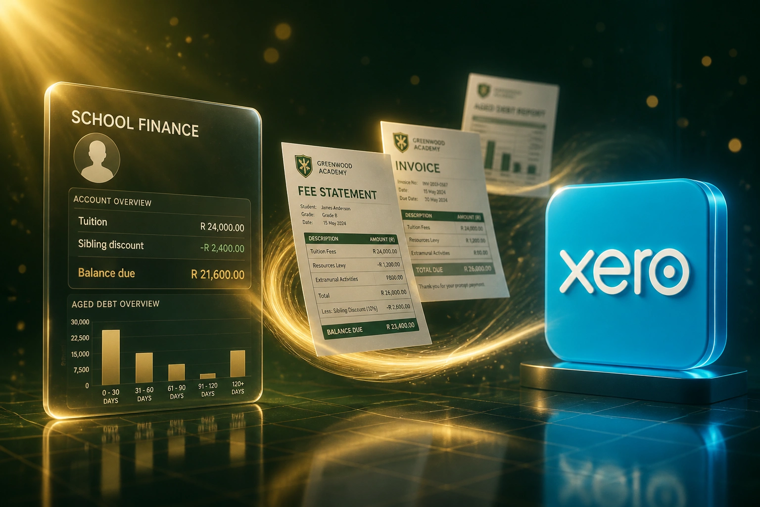A glass SCHOOL FINANCE panel and a glossy Xero badge linked by a gold ribbon of fee statements, invoices, and aged-debt reports