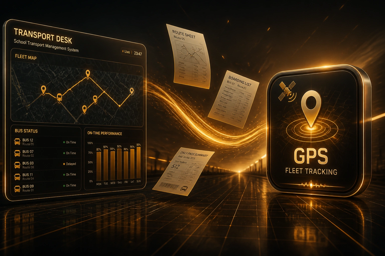 A glass Transport Desk panel and glossy GPS fleet tracking badge linked by an amber ribbon of route and boarding documents over a midnight asphalt corridor