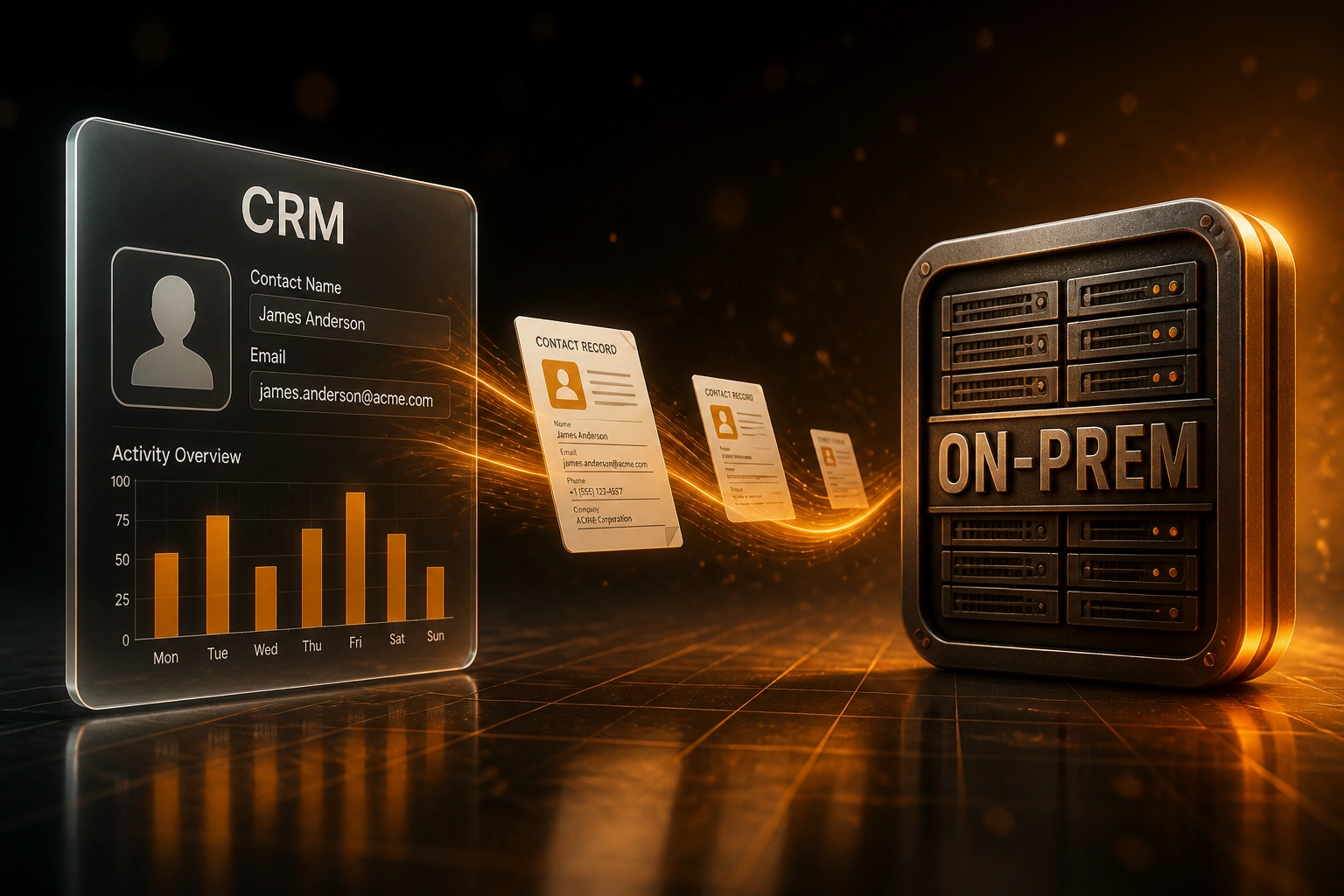 A glass CRM panel and an ON-PREM server badge linked by an amber ribbon of contact records, illustrating self-hosted CRM data control