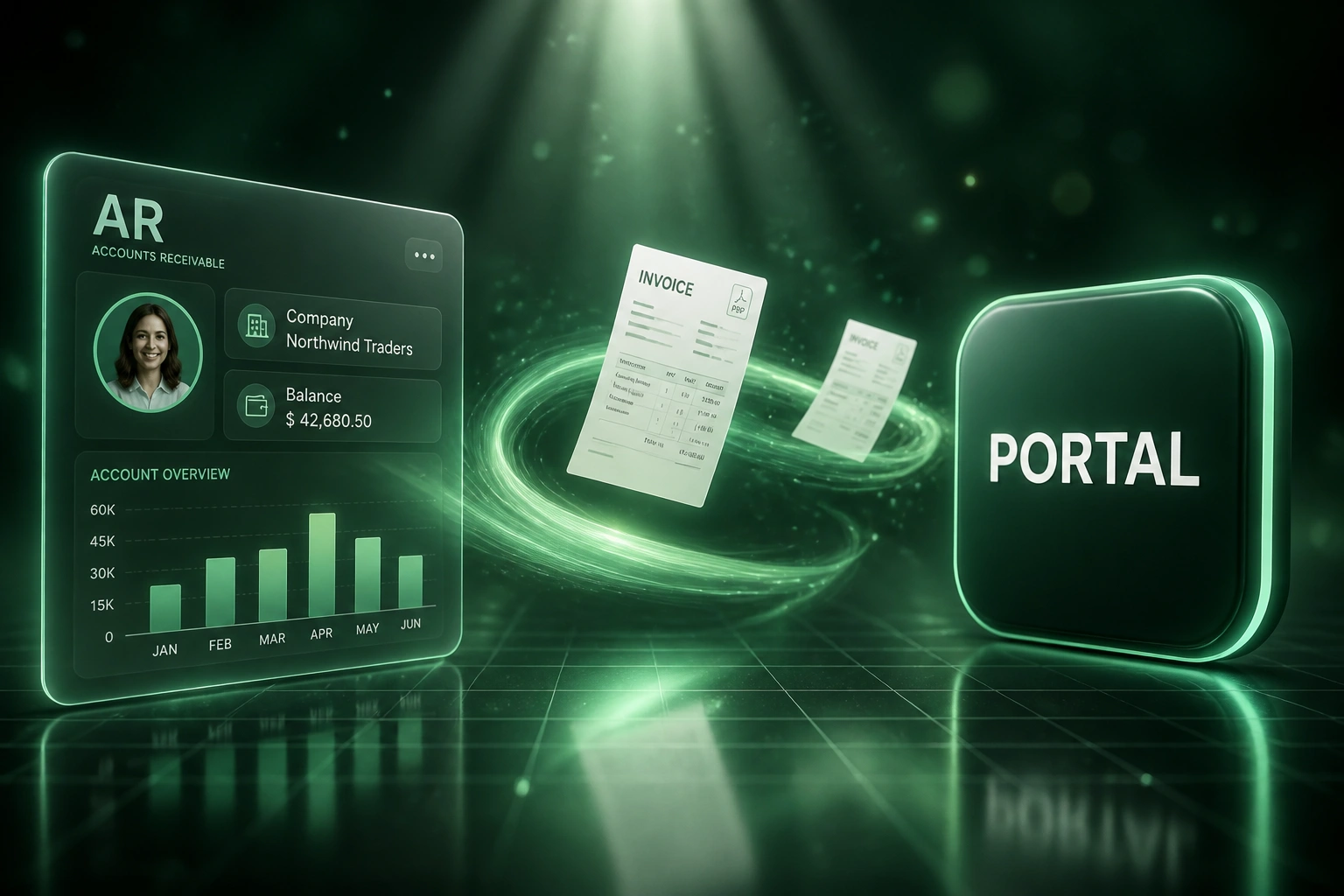 A glass AR accounts panel connected by a mint ribbon of invoice documents to a glossy PORTAL badge, illustrating a customer self-service invoice portal