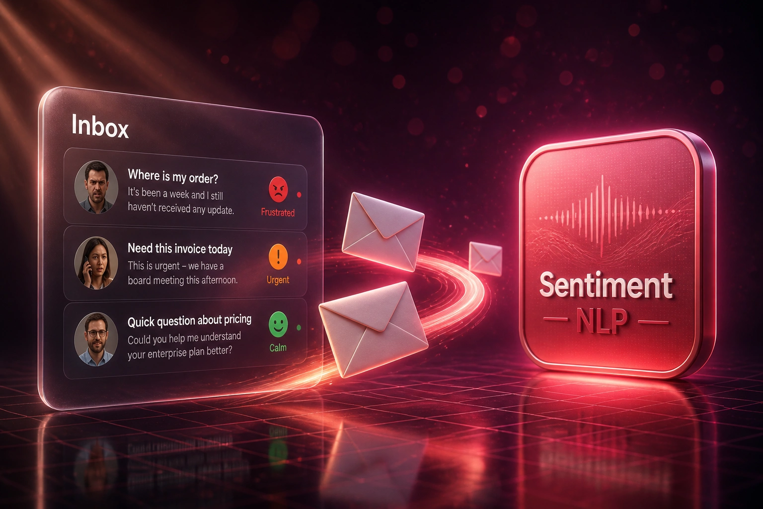 A glass Inbox panel with sentiment badges and a coral rose Sentiment NLP badge linked by email envelopes on a ribbon of light