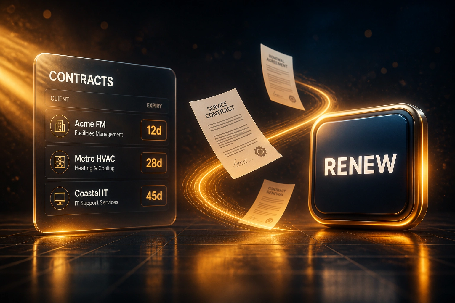 A glass CONTRACTS expiry panel and a glossy amber RENEW badge linked by floating service-contract documents, illustrating automated service contract renewal tracking