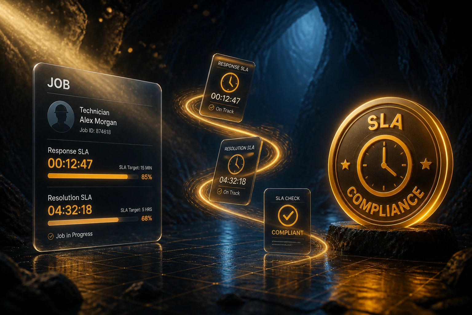 A glass JOB panel with SLA timers connected by amber light to a glossy SLA COMPLIANCE badge, illustrating automated field service SLA tracking