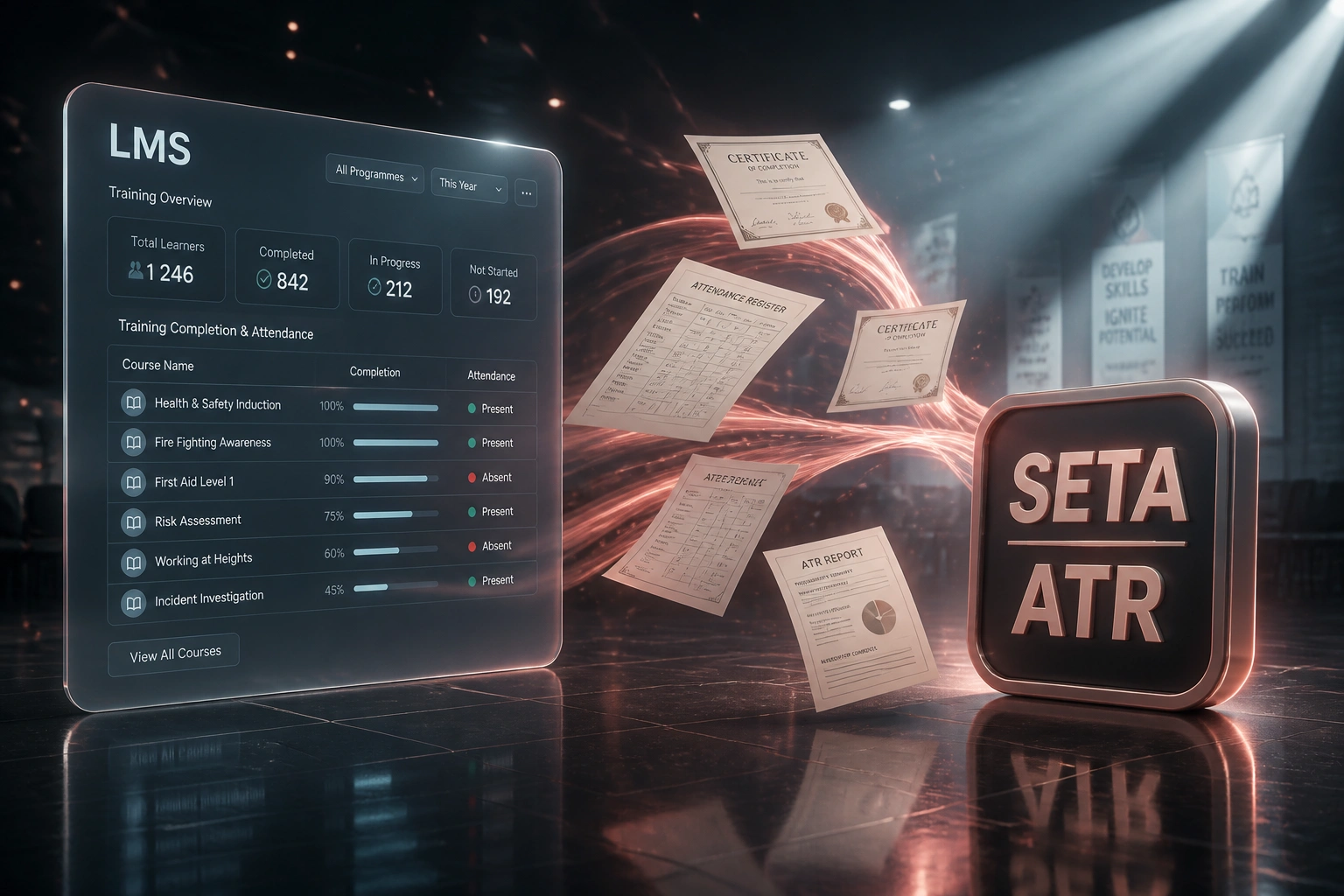 A glass LMS panel with completion and attendance fields connected by certificates and attendance sheets to a glossy SETA ATR badge in a slate steel training hall